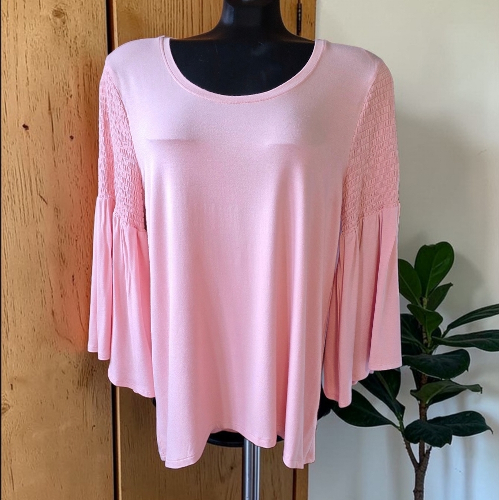 IMNYC Light Pink Ruched Bell Sleeves High Low Flowy Womens Top Size M